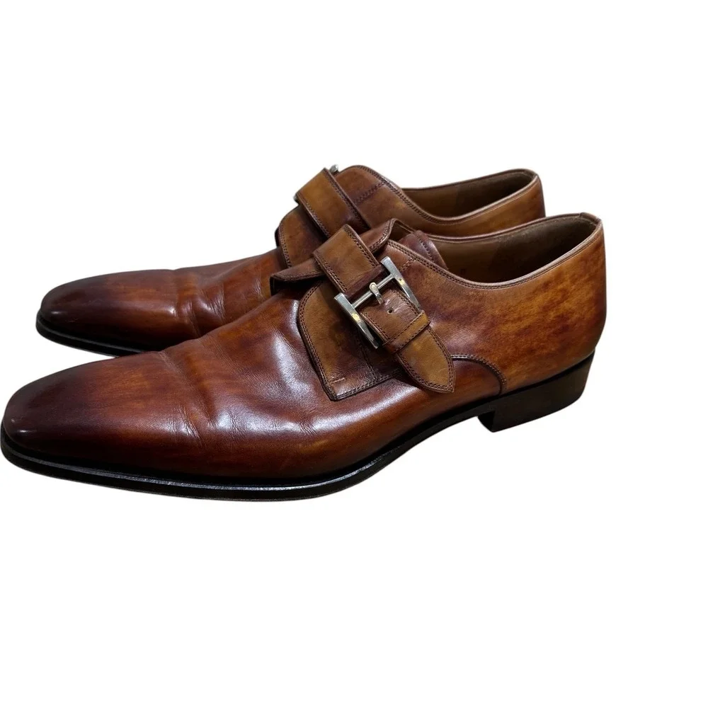 Magnanni Mens Cognac Leather Single Monk Strap Cap Toe Dress Shoes Size 13 Spain